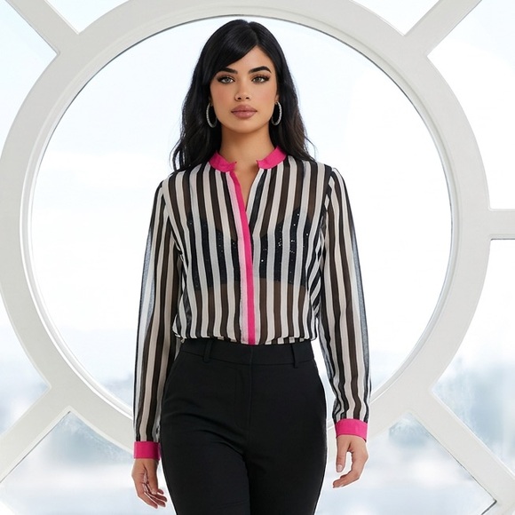 Tops - Striped Black and White Blouse with Pink Accents